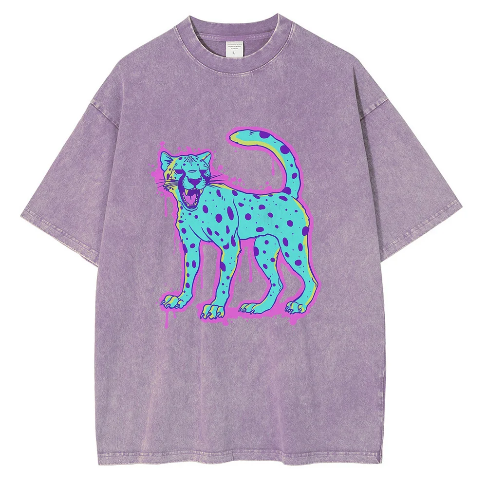 Cheetah Psychedelic Graphic T Shirts Heavyweight Pure Cotton Distressed Washed T Shirt Drop Shoulder Vintage Oversized Mens Tops