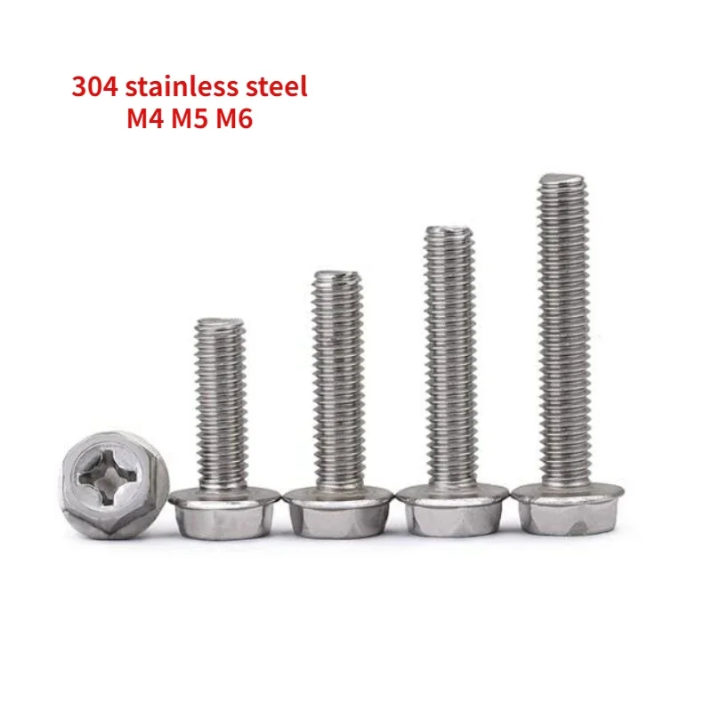 

30/50/100pcs M4 M5 M6 304 Stainless Steel Cross Flange Screw Outer Hexagonal Flange Bolt Anti Slip Screw with Gasket