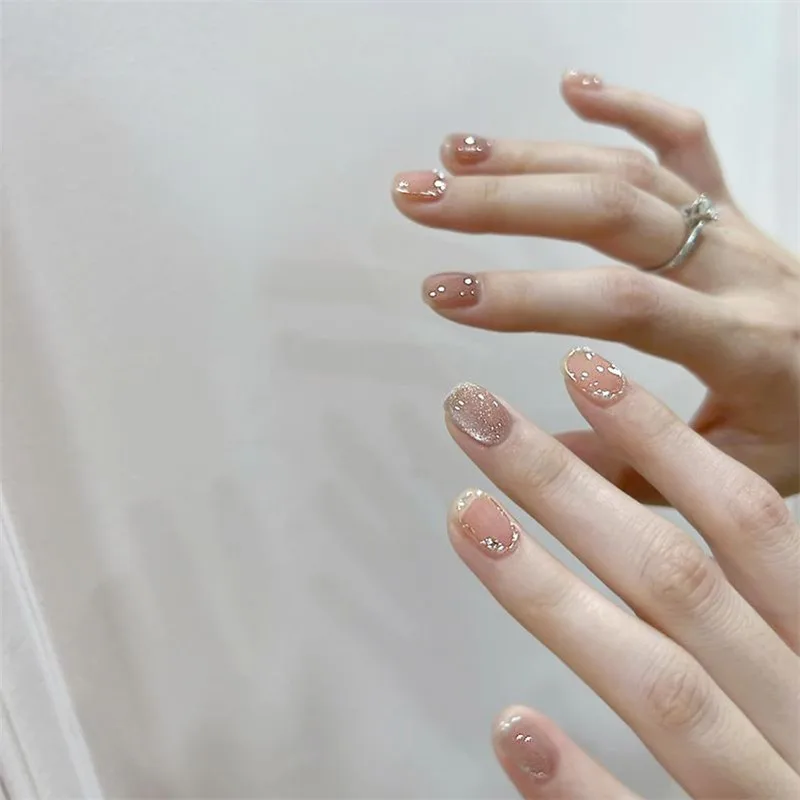 Nail Enhancement Wearing Nail Gentle Naked Short Circle Ultra Sparkling Zircon Cat Eye Women  Finished Advanced Nail Patch