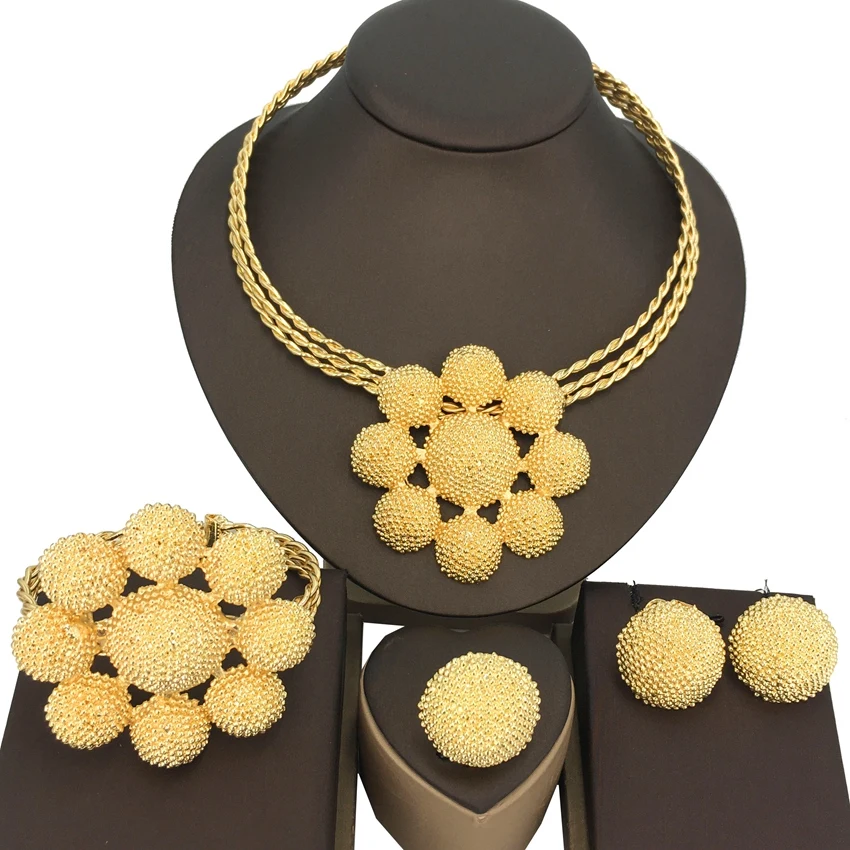 

Yuminglai Luxury Gold-Plated Jewelry Set Big Flower Design Weddings Bridal Necklace and Earrings with Bnagle Ring FHK14143