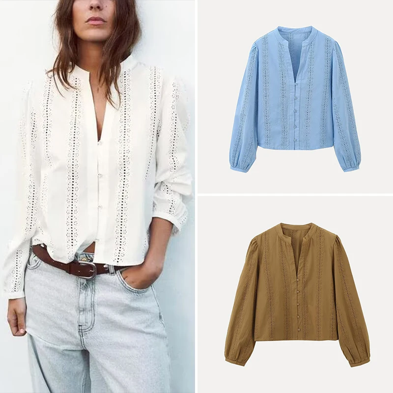 Sweet Sle Long Sve V-Ne Hollow out bordado irt ort Top para mujer primavera 2025 Z fibra de poliéster de corte recto