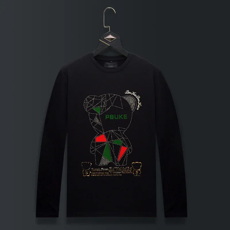 

Plus Size Bear Pattern Printed T Shirts Men Fashion Streetwear Mercerized Cotton O Neck Long Sleeve Slim Tshirts Mens Clothing