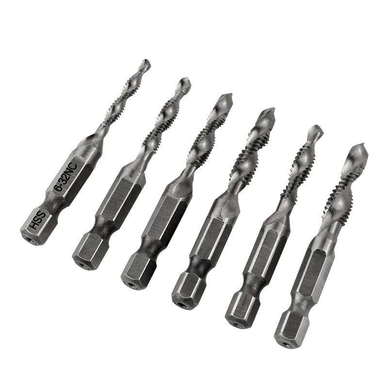 Alta calidad, 6 piezas, vástago hexagonal, tornillo HSS, punta en espiral, rosca, enchufe americano, brocas de mano 6-32/8-32/10-24/10-32/12-24,1/4-20
