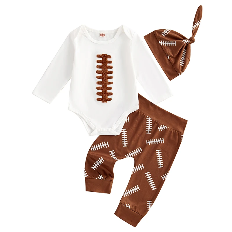 Baby Boy Football Outfit Rugby Long Sleeve Romper Elastic Waist Long Pants Knotted Hat 3 Piece Set