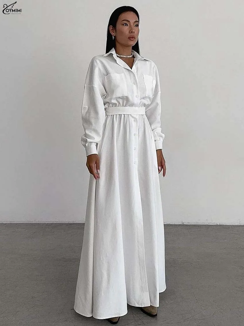 

Oymimi Fashion White Dresses 2025 Woman Casual Long Sleeve Pockets Lace-Up Dresses Autumn Single Breasted Floor-Length Dress