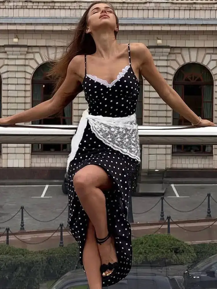 

Lace Patchwork Printed Long For Women Summer Slim Fashion V-Neck Spaghetti Backless Dress Female Halter Dresses 2025