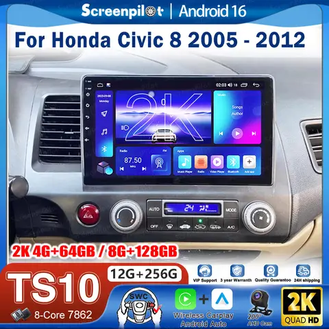 Android 16 For Honda Civic 8 LHD RHD 2005 - 2012 Car Radio Stereo Head Unit CarPlay Auto radio Touch Screen Carplay Wifi 8 Core