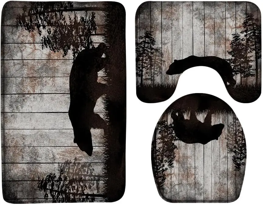 

Набор ковриков для ванной в деревенском стиле, 3 шт., коврик из пены с эффектом памяти из деревянной доски с изображением медведя и дикой природы, U-образный чехол для унитаза, декор для фермерского дома на тему животных