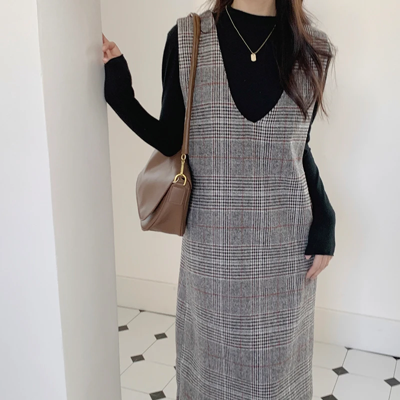 Chic Herbst Winter frauen Dr V-Ne Lose Dünne Gerade Beiläufige Lange Plaid Woolen Weste Langen Rock Ci pendeln Sle H-ape