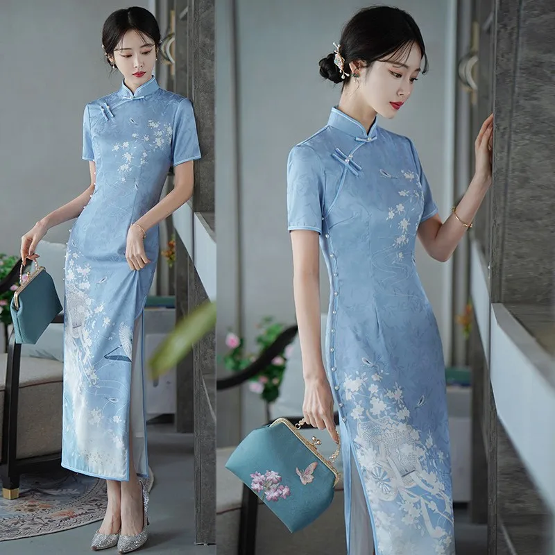 2024 New Autumn New Long Eveining Qipao Women Double Layered Chinese Stand Collar Cheongsam Retro Young Lady Long  Daily Dress