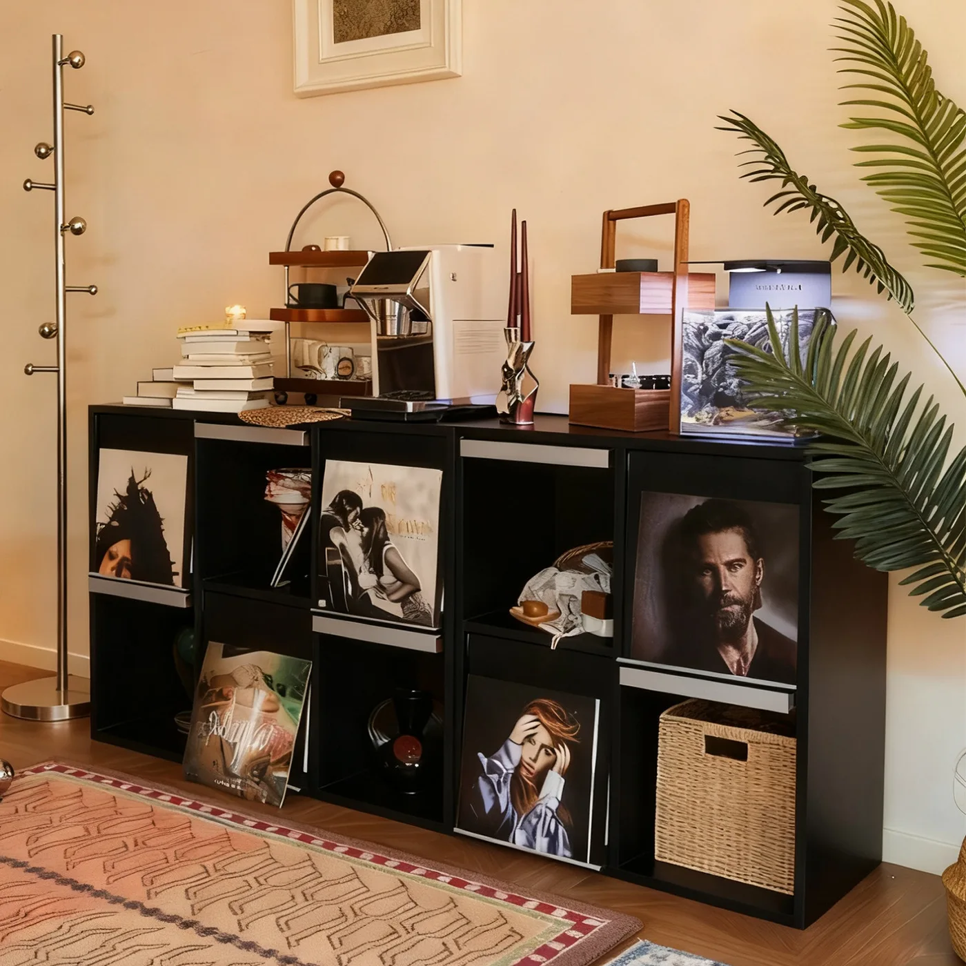 Living room wall floor-to-ceiling storage black display bedroom with door, bedside partition cabinet