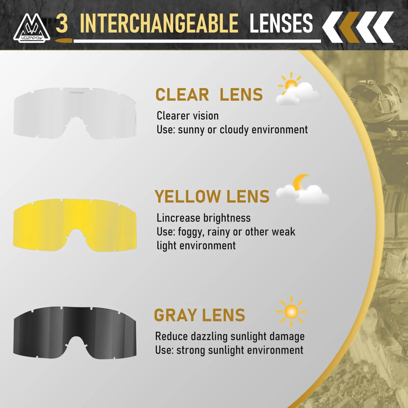 Vozapow نظارات الرماية المهنية ANSI Z87.1 السلامة مكافحة الضباب الادسنس التكتيكية نظارات دراجة نارية تسلق الجبال النظارات الشمسية