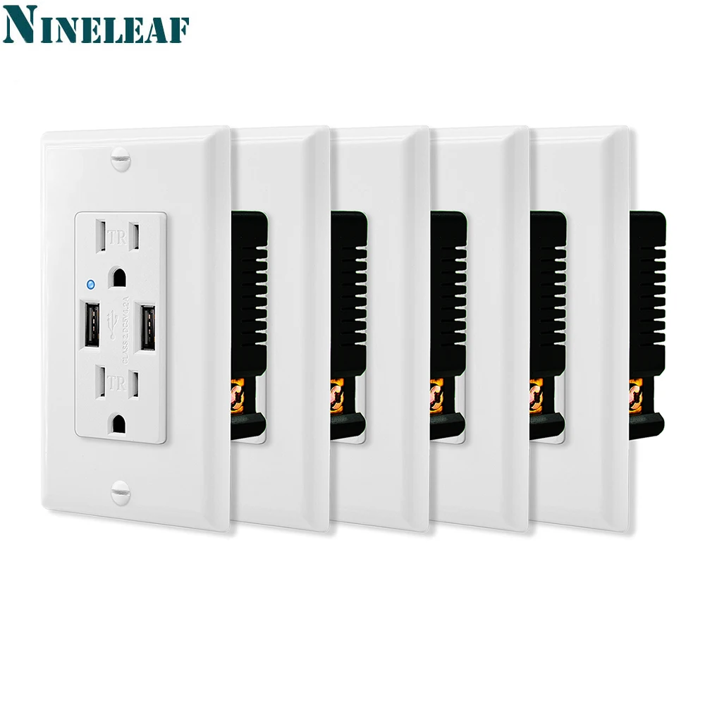 NineLeaf 5PK 4.2A Dual USB Fast Charging Wall Outlet Surge Protector 15A White Power Socket Charger Outlets TR WR