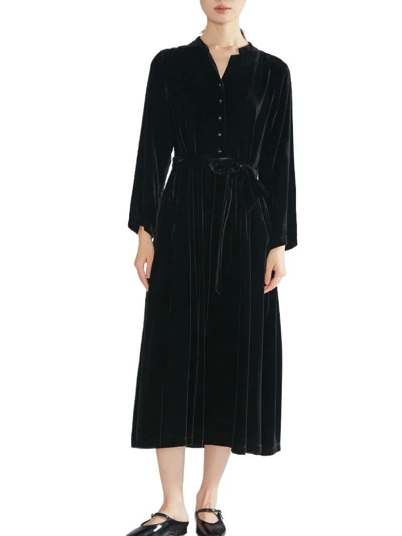 2025 moda feminina outono novo 16% natural amoreira seda veludo camisa estilo com decote em v manga longa vestido de cinto preto