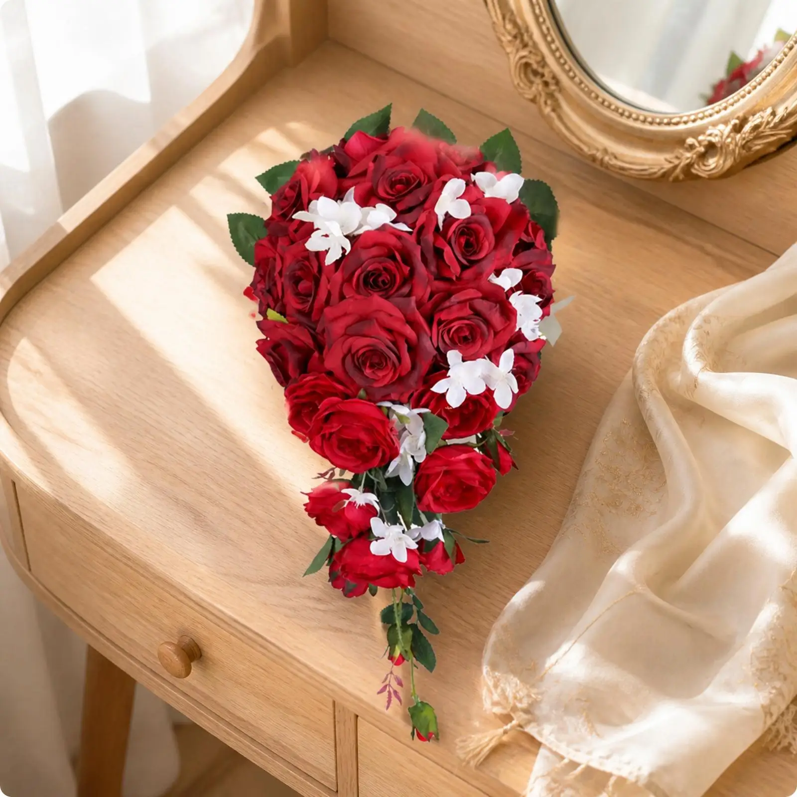 Teardrop Bridal Bouquet Artificial Silk Flowers Red Rose White Accent with Ribbon Trail Wedding Decoration for Bride Photo Shoot