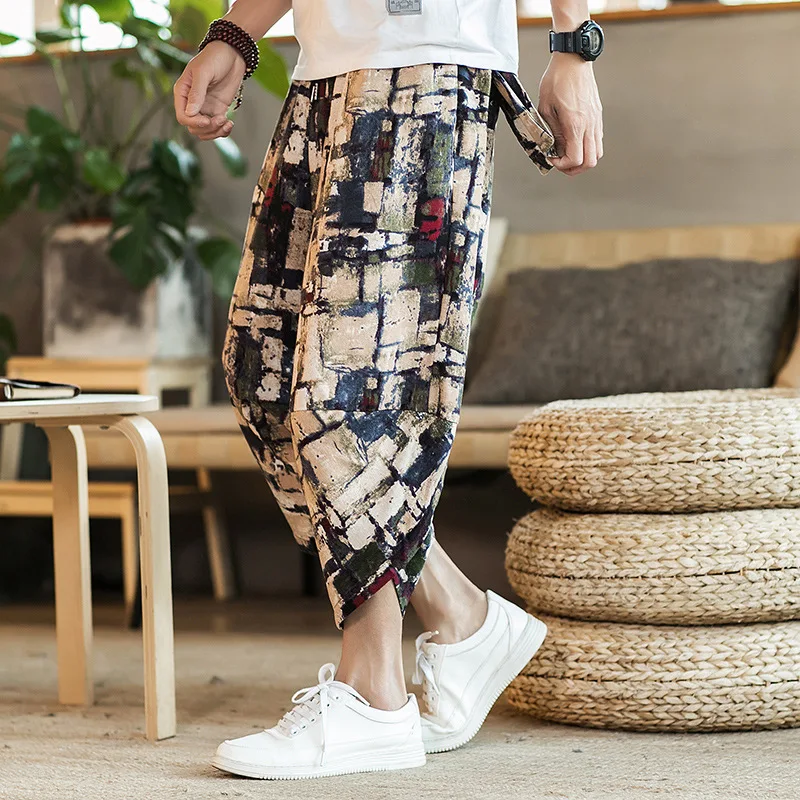 2024 Men Harajuku Summer Loose Calf Length Casual Pants Men Wide Leg Printing Baggy Pants Oversize Men Beach Trousers