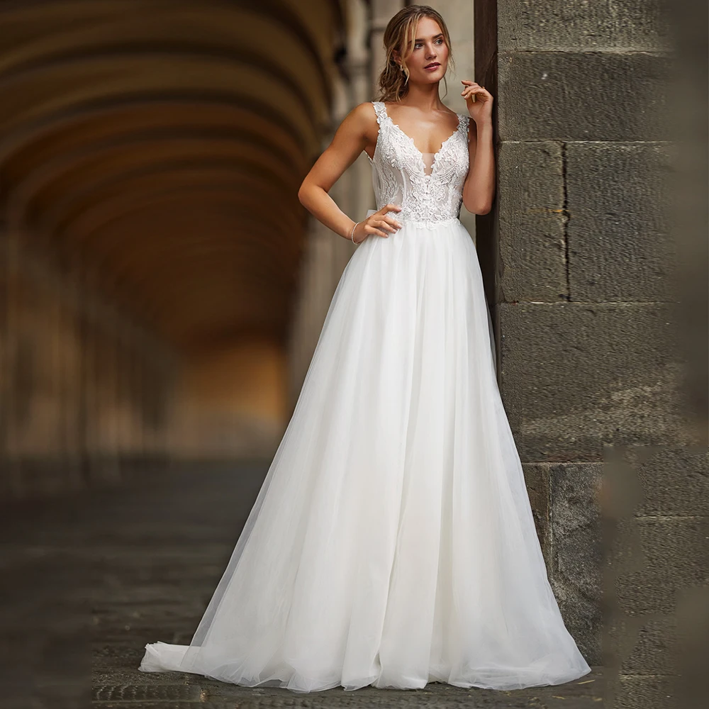 

Woman Sleeveless Appliques Wedding Dress A-line Tulle Backless V-neck Bridal Gowns with Lace Bow Court Train Vestido De Novia