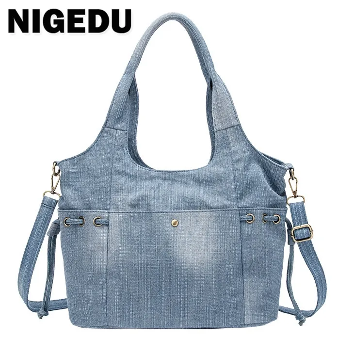 Denim kobiet torba na ramię nowe modne dżinsy wysokiej jakości torba Crossbody kobiet duża torba podróżna duża Mochila Bolsa niebieski