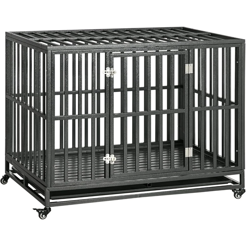 Heavy Duty Dog Crate Metal Kennel and Cage Dog Playpen with Lockable Wheels, Slide-Out Tray and Anti-Pinching Floor