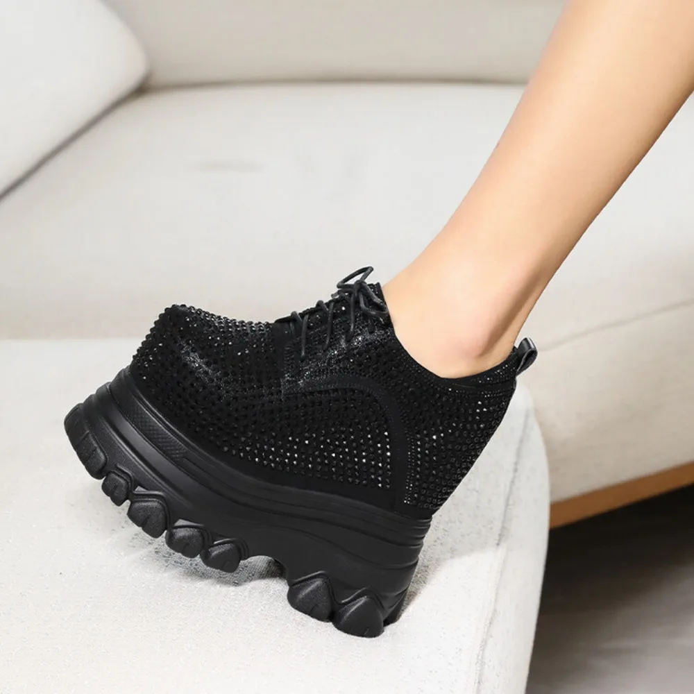 16cm Genuine Leather Platform Wedge Chunky Sneaker Hidden Heels Casual Rhinestone Spring Autumn High Brand Vulcanize Shoes