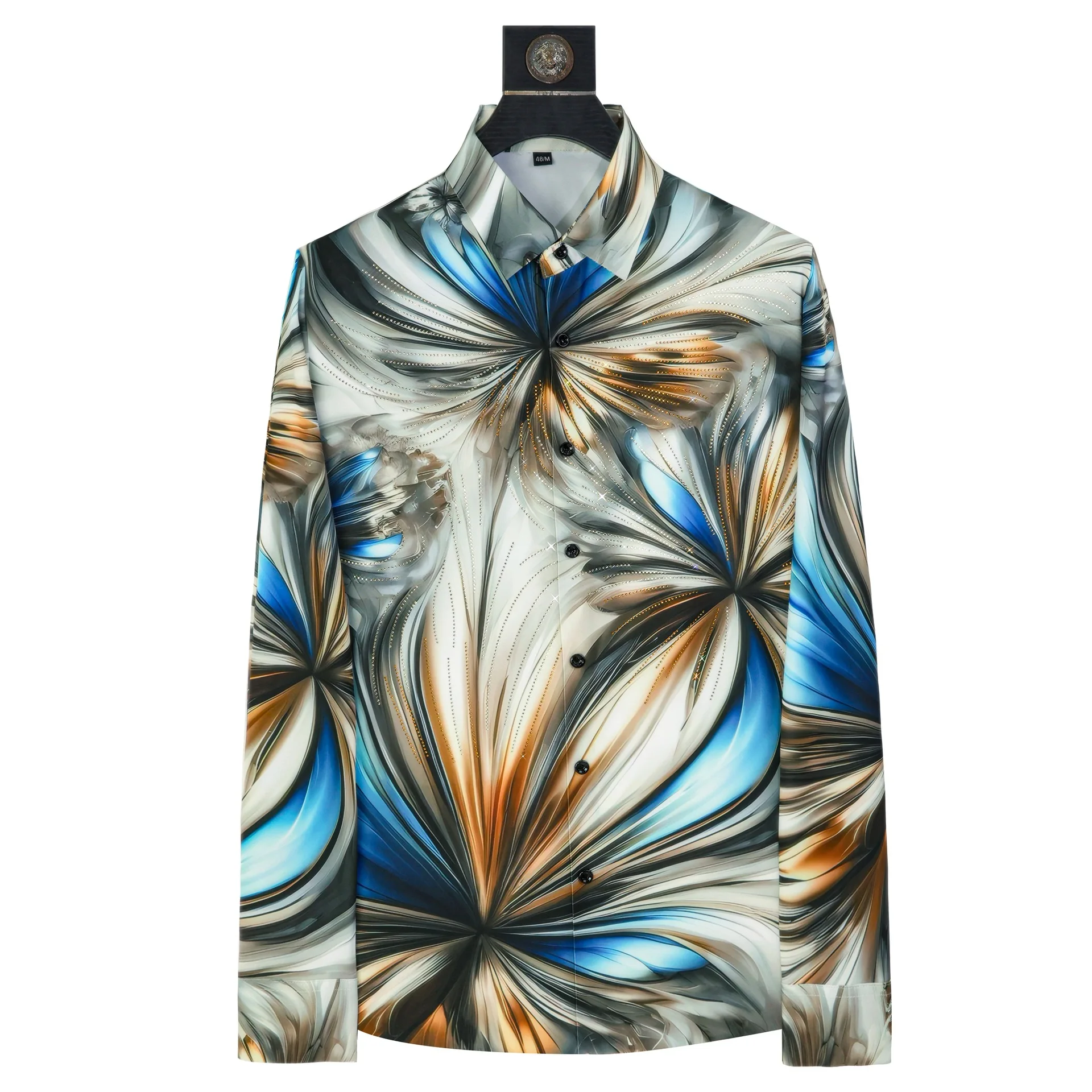 Luxury 3D Floral Rhinestone Men's Shirt Gradient Business Casual Formal Shirt Long Sleeve Banquet Party Shirts Camisa Masculina
