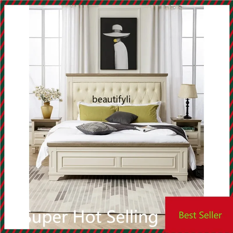 

QQ132 American Light Luxury Solid Wood Bed Napa Soft Bag Marriage Bed High Box Storage Master Bedroom High Bedhead Big Bed