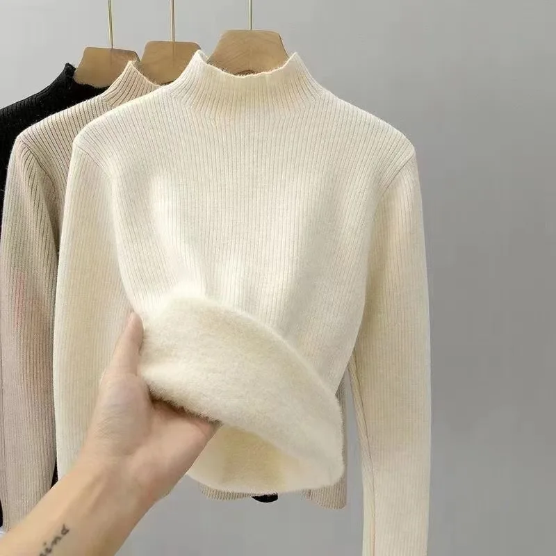Winter Fleece-lined Thickened Knitting Bottoming Shirt Women's Half Turtleneck Pullover Thermal Clothes Solid Color