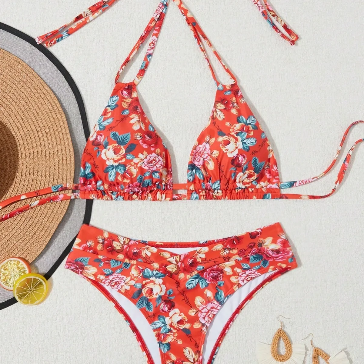 

Sexy Flower Triangle Swimwear Thong Bikini 2025 Women Halter Swimsuits Swimming Bathing Suit Brazilian Bikinis Set Mujer Biquini