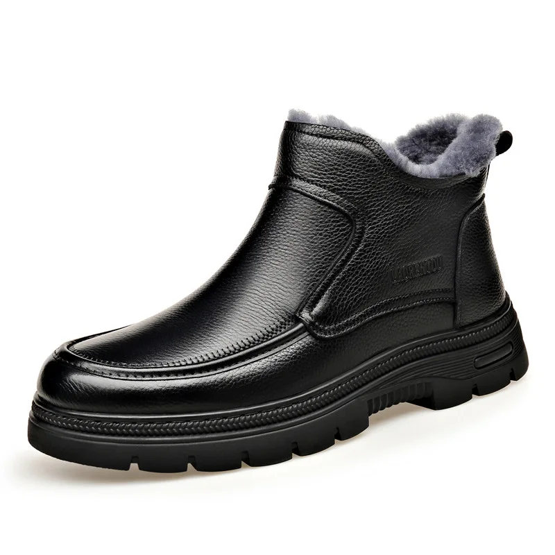 

Genuine Leather WinterShoes Men Chelsea Boots Fashion Brand Male Footwear Warm Plush Ankle Botas Flat Pure Black DX727