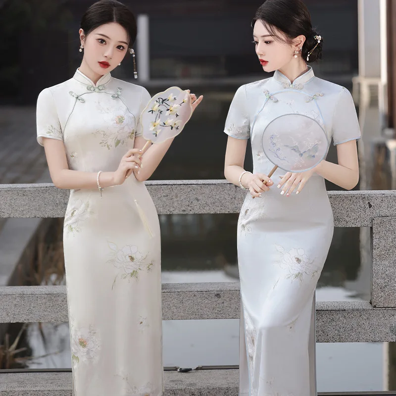 

2024 Summer Fashion Chinese Traditional Dress Vintage Printing Qipao Women Modern Eleganti Slim Fit Long Cheongsam Evening Dress