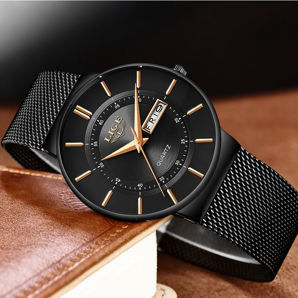 LIGE-reloj analógico con correa de malla para hombre, accesorio de pulsera de cuarzo resistente al agua con calendario, complemento masculino de marca de lujo con esfera Simple, diseño clásico y ultrafino