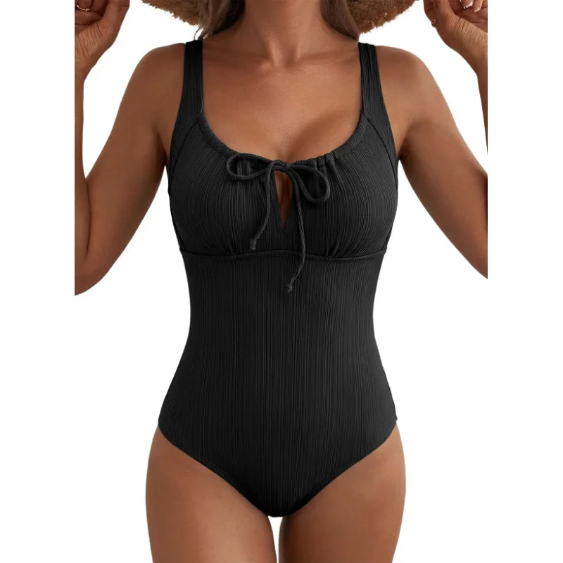 2026 Textured Tie Side Cutout One Piece Swimsuit Women Tummy Control Push Up Ruched Swimwear Beach Vacation Summer Bodysuit Tops