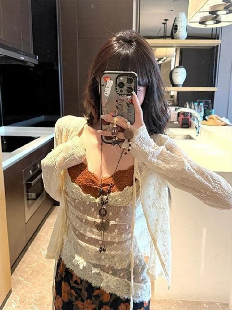 Sweet 3 Piece Sets Women Sun Protection Lace Bandage Cardigan + Patchwork Slim Fit Vest + Vintage Flower Skirts Y2K Outfits image 2