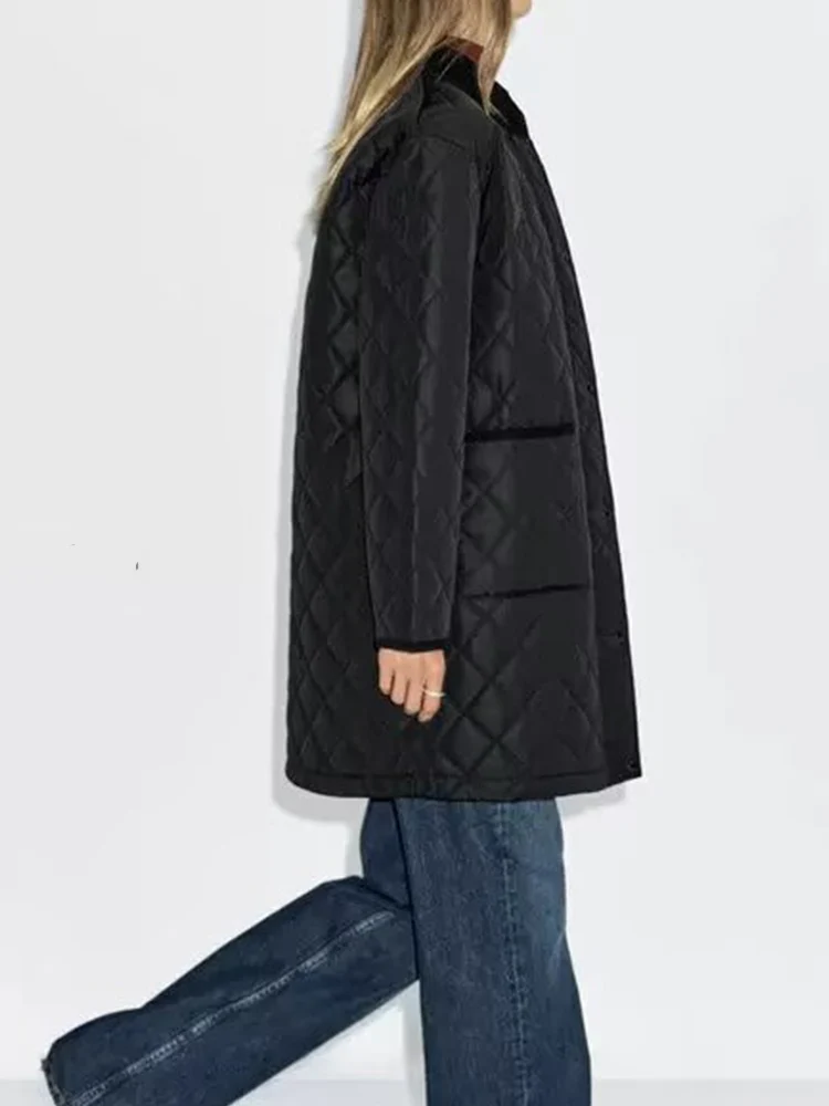European and American style autumn new fashion women's simple diamond pattern quilted corduroy collar jacket cotton coat