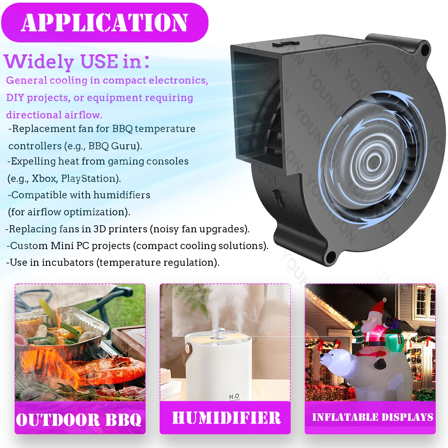 YOUNUON BBQ Fan Air Blower 7530 75x75x30mm DC 5V 12V 24V  for Green Egg Grills Stove Cooking