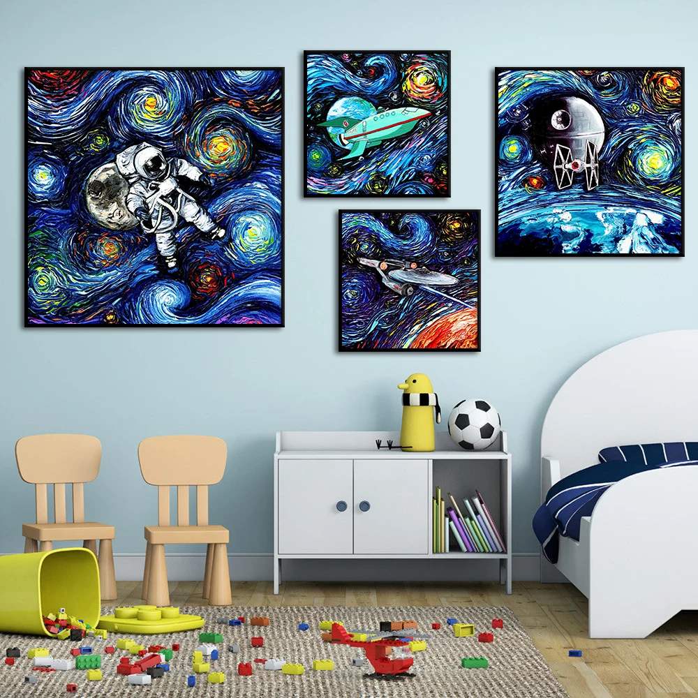 

Van Gogh Style Oil Painting Space Rocket Spaceship Astronauts Canvas Poster Print Abstract Wall Art Pictures for Room Home Decor