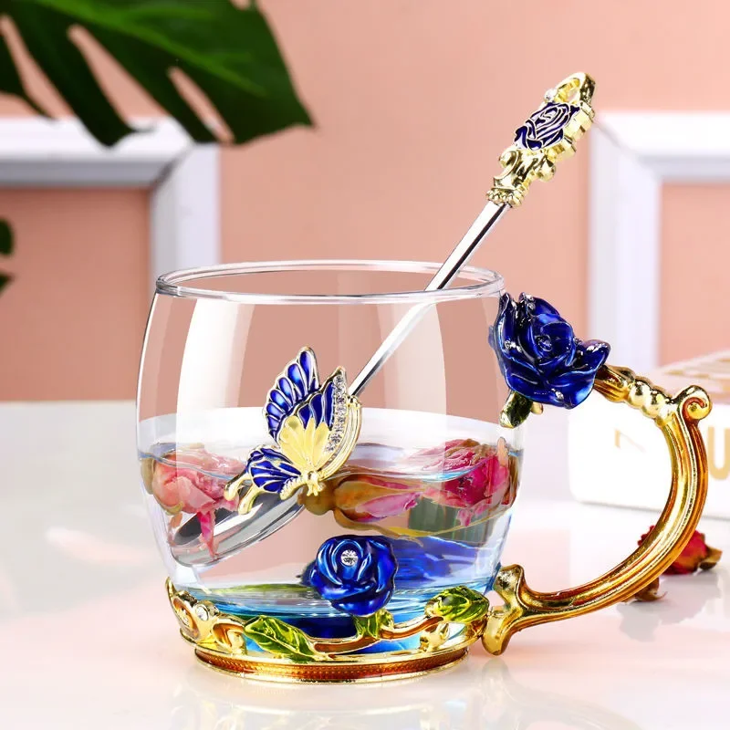 

Hand-made Enamel Coffee Mug Crystal Cup Milk Lemon Flower Tea Cup High-grade Glass Drinkware Gift Couple Mug For Lover Wedding