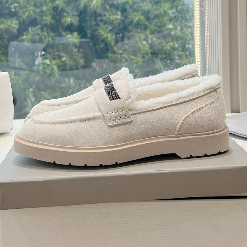 

Новинка 2025 года, туфли на плоской подошве из коровьей замши с бусинами и декором из шерсти и подкладкой, повседневные лоферы на весну и осень, женские туфли с круглым носком в стиле ретро