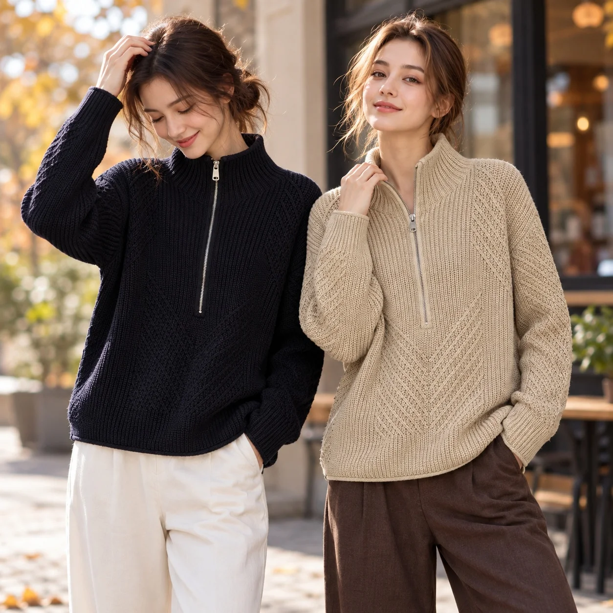 Casual Zipper Sweater Loose Silhouette Japanese Korean Casual with Long Sleeve Notched Lapel Pullover Cardigan for Women