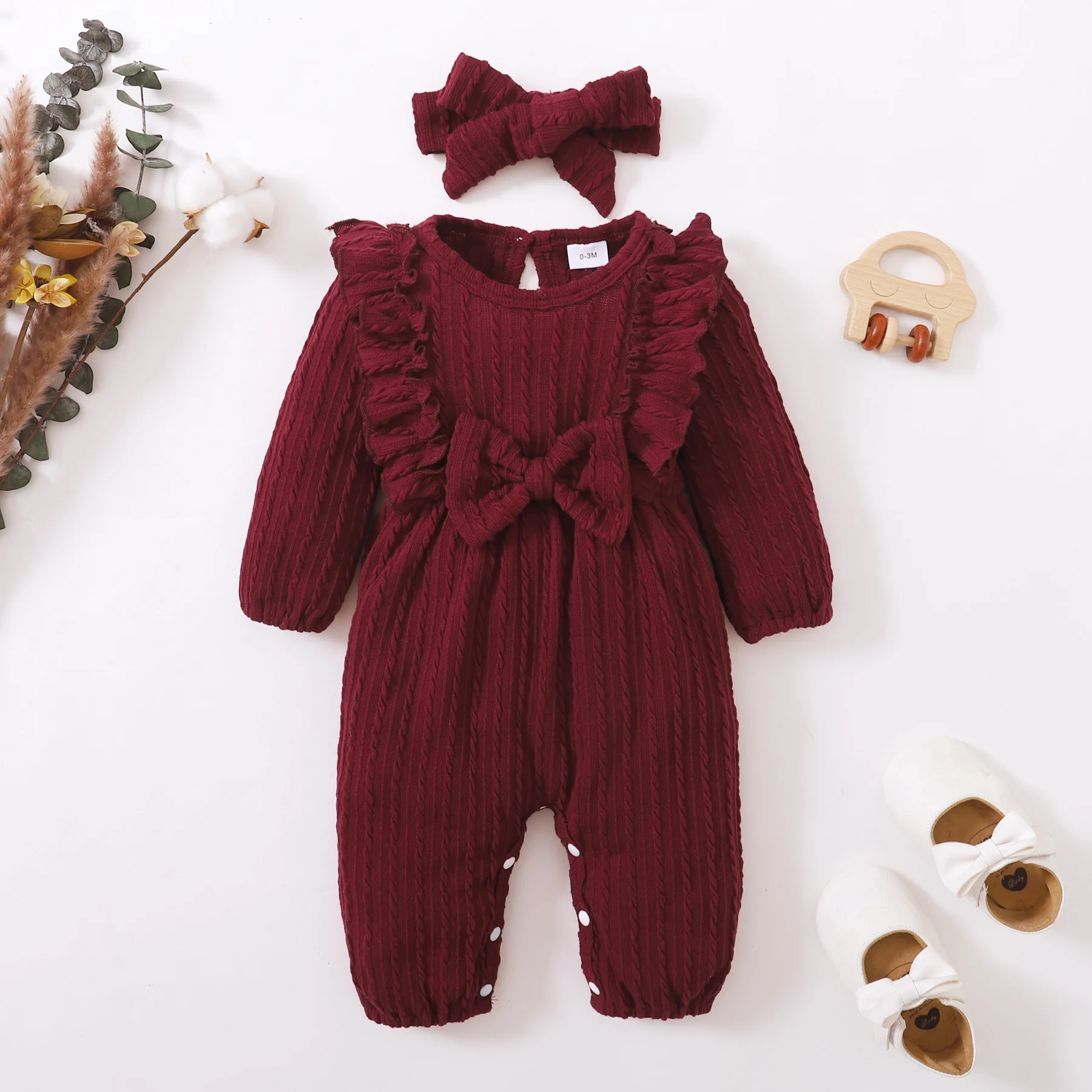 Newborn Bodysuit Round Neck Twisted Stripes Bowbaby+Headband Fashion 2Pcs/Set 0-18 Months Baby Girl Spring And autumn Jumpsuit