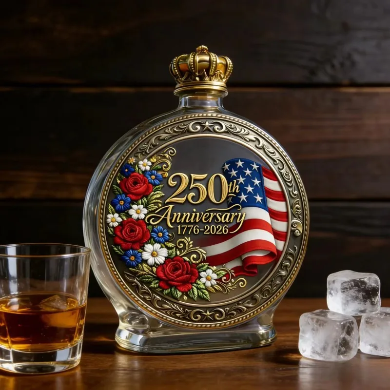 USA 250th Anniversary Decorative Bottle 1776–2026, Patriotic Glass Decanter with Crown Lid, Collectible Home Decor Gift