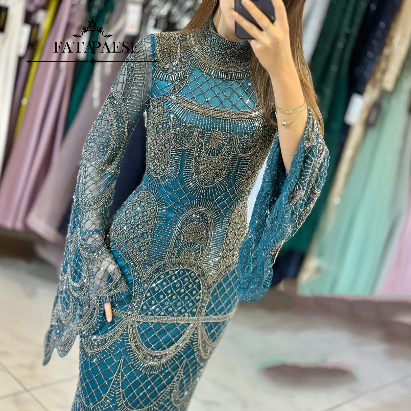 FATAPAESE Customized Islamic Prom Dress High-Neck Crystal Sequins Beaded Stones Luxury Fully Gown Mermaid Maxi Skirt Formal Ball