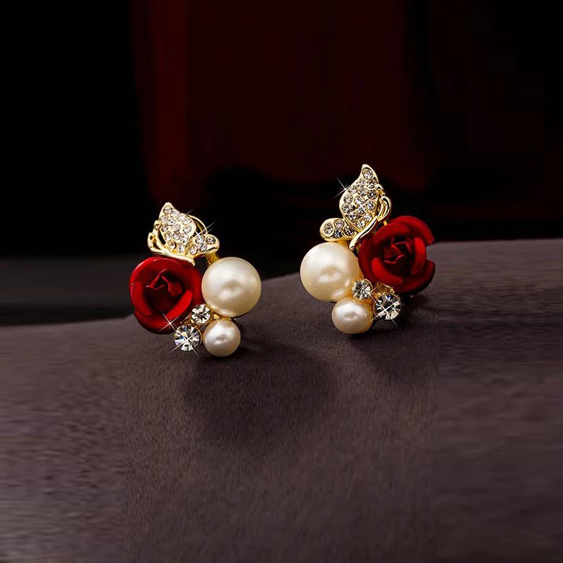 1 Pair Grace Women Trendy Red Rose Butterfly Ear Stud Anti Allergy Pearl High-grade Crystal Bridal Earrings