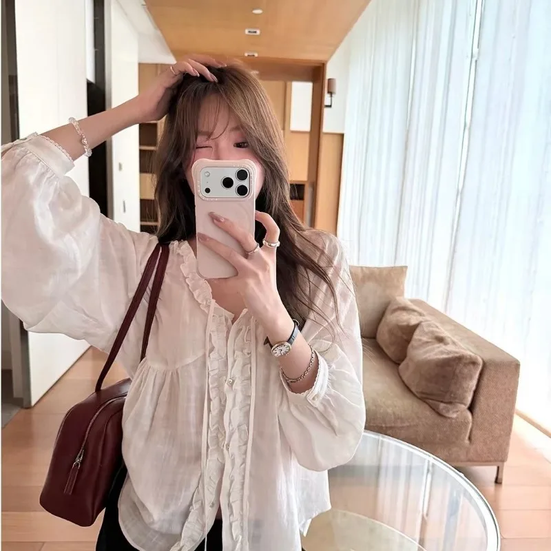 Kimotimo French Vintage Polka Dot Long Sleeve Shirts Women Loose Ruffle V Neck Bandage Button Tops Autumn Fashion Sheer Blouse