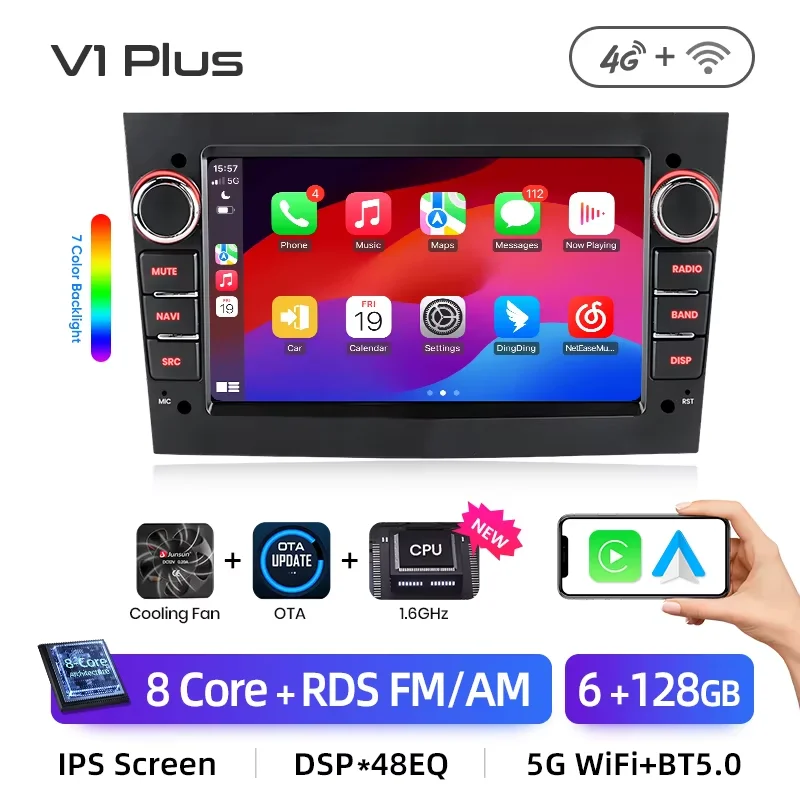 Junsun 7'' Kabelloses CarPlay für Apple Android Auto Autoradio für Opel Astra Vectra Vauxhall Antara Zafira Corsa Vivaro Meriva Combo Tigra 2DIN Multimedia-Stereoanlage mit Lüfter GPS SWC Bluetooth FM
