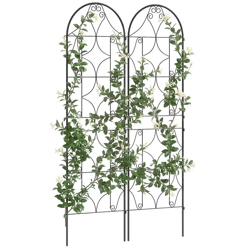 Support pour plantes grimpantes avec motif, lot de 2 treillis de jardin pour vigne, fleurs, légumes, métal, 50 x 180 cm, noir