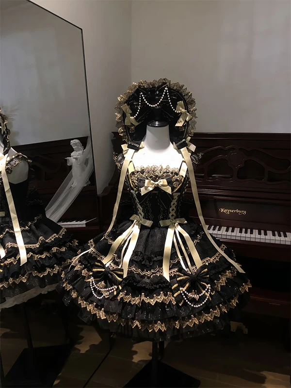 

Elegant Black Gold Ballet Style Lolita Dress Doll Sensation Jsk off Shoulder Gown for Daily Wear Summer 2025 Ladies Fashion