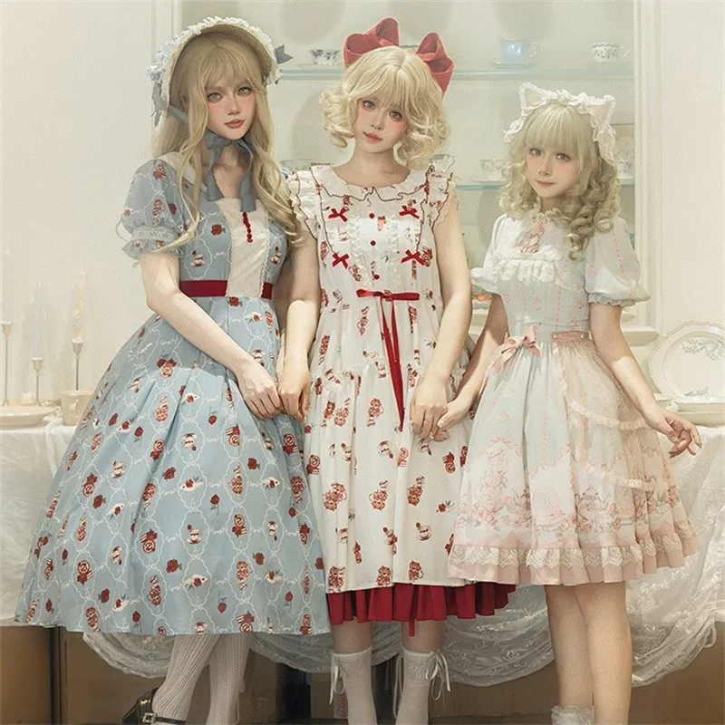 Lolita Girls OP Dress Sweet Women Lace Folds Ruffle Knee Length Teenage Birthday Party Cute Floral Print New