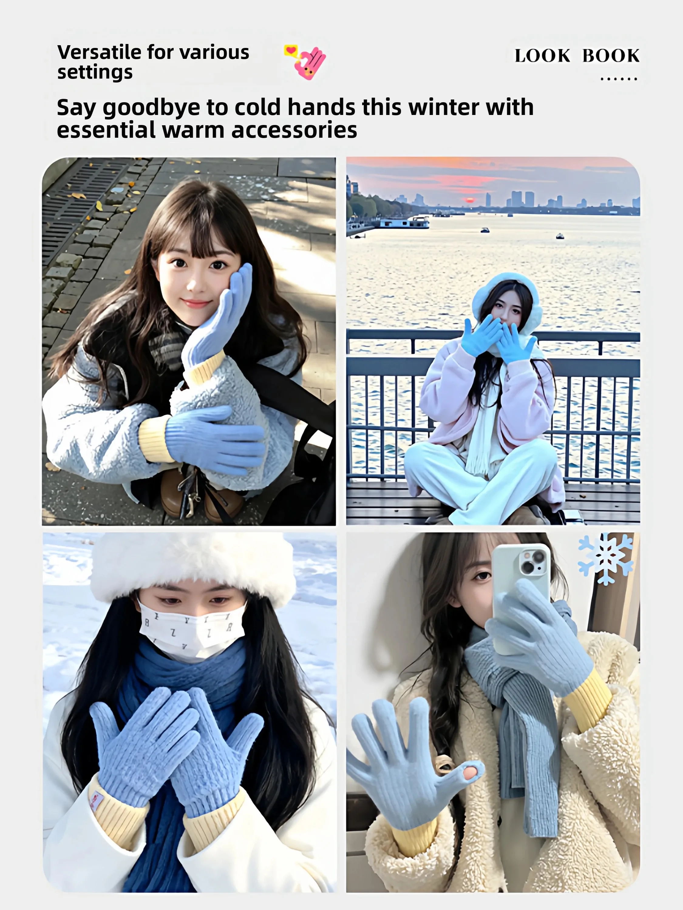 Korean Style Blue Plush Knitted Gloves Women's Autumn Winter Touchscreen Compatible Fingerless Warmth Riding Cold Proof