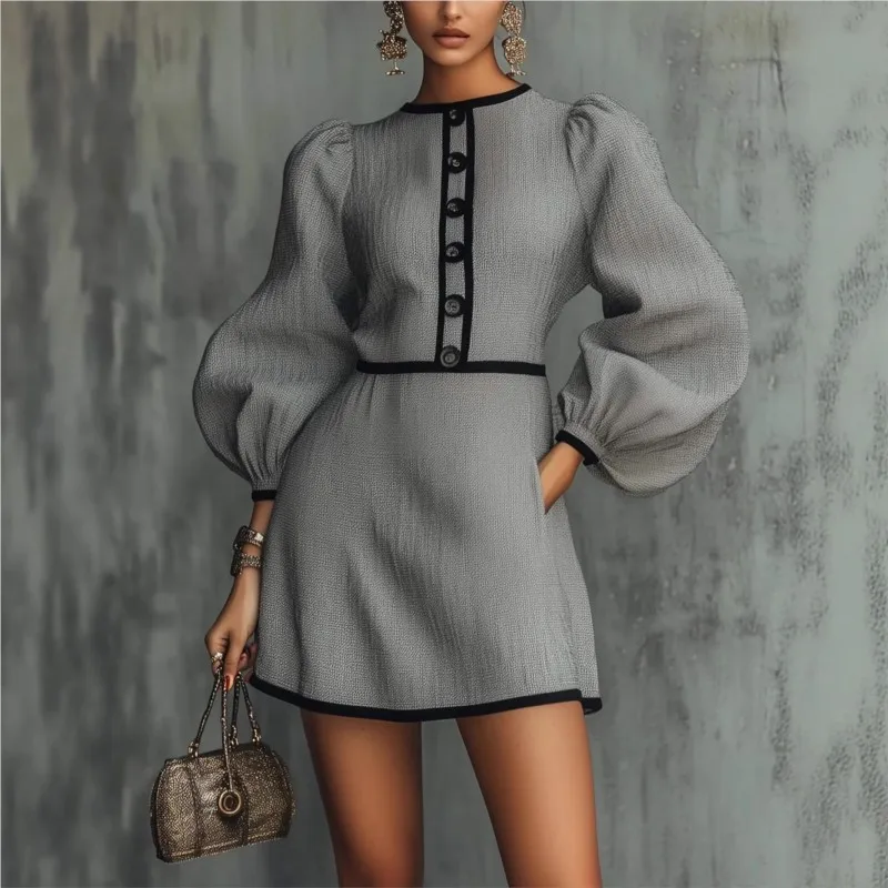 

Элегантное мини-платье Slim с рукавами-фонариками и круглым вырезом на пуговицах, весна-осень 2026, для офиса и повседневной носки, А-силуэт